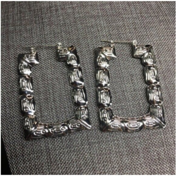 Rectangle Hoop Earrings Silver Latch Trapeze Puffy Bamboo Retro BoHo 80s 90s Y2K - Picture 1 of 4